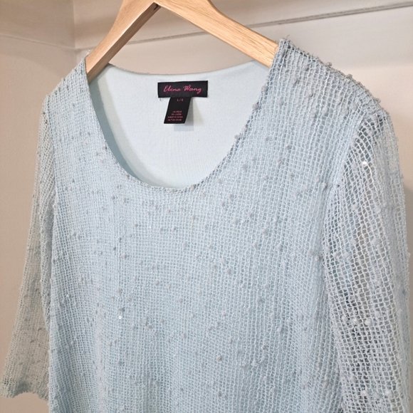 Elena Wang | Pastel blue long knit sweater with sequins & lace trim - Picture 4 of 11